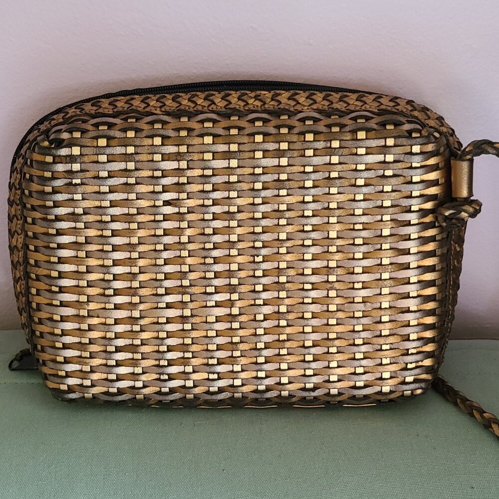 Vintage CEM  Woven Metallic Leather Crossbody Bag Zip Closure